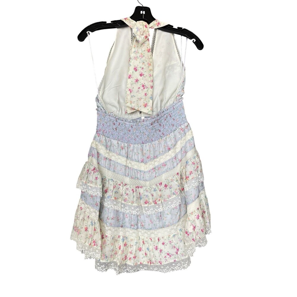 Loveshackfancy Prim Halterneck Floral Silk Minidress Pearled Blue Medium AUTH - Picture 5 of 7